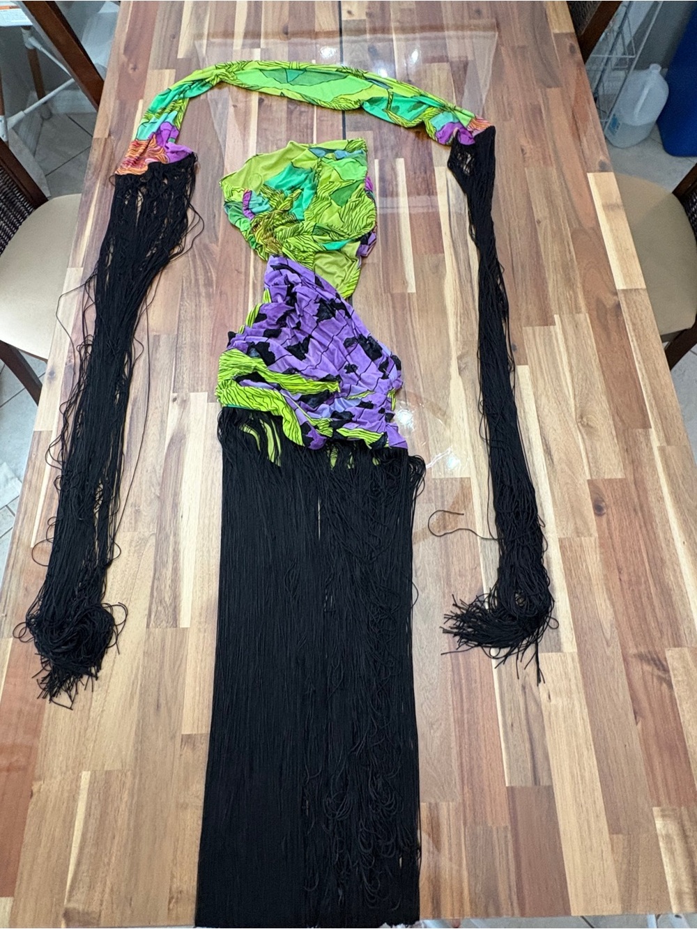 NWOT Naked Wardrobe Sz M Print Fringe Tube Dress Asym Bodycon Sash Green Purple - Picture 7 of 8